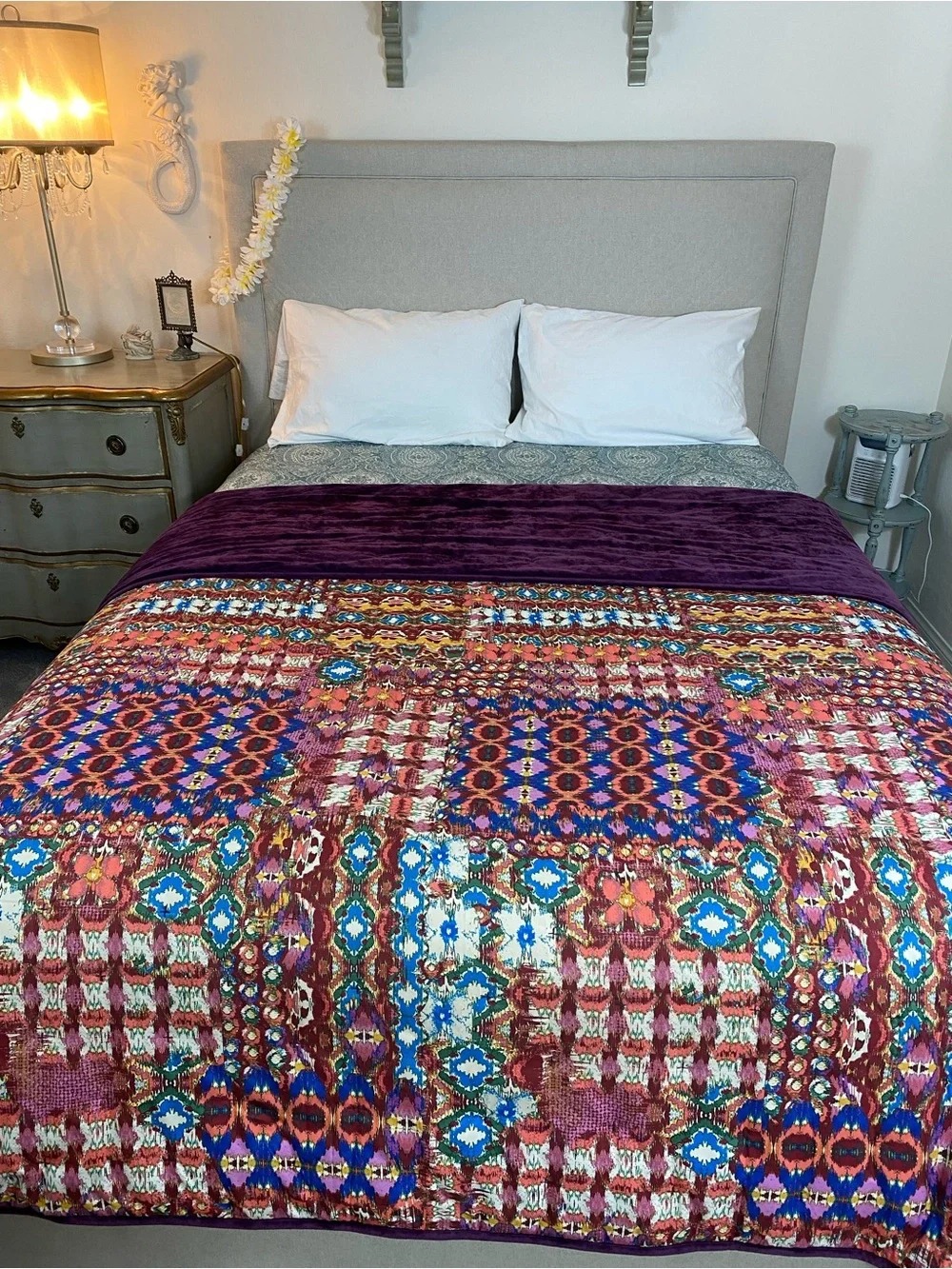 Velvet bedspread Reversible purple/ multi colored BOHO